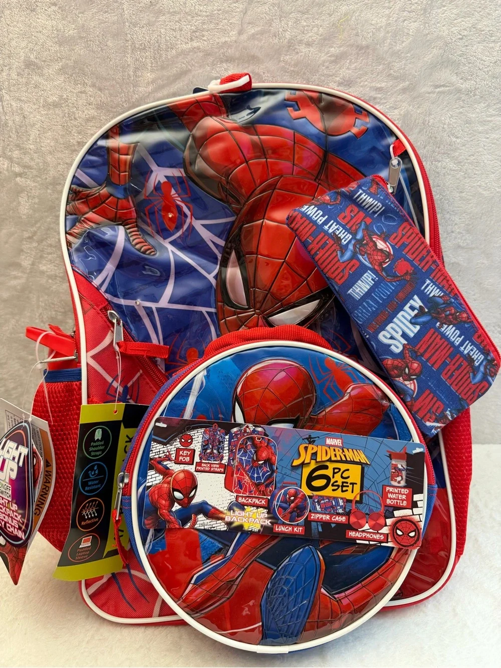 Marvel Spider-Man 6 Piece Light Up Backpack Set Lunch Kit Headphones Kids